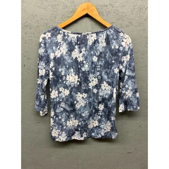 Michael Michael Kors Floral Print Top Women's‎ P/S Blue White 3/4 Sleeve - Picture 8 of 9